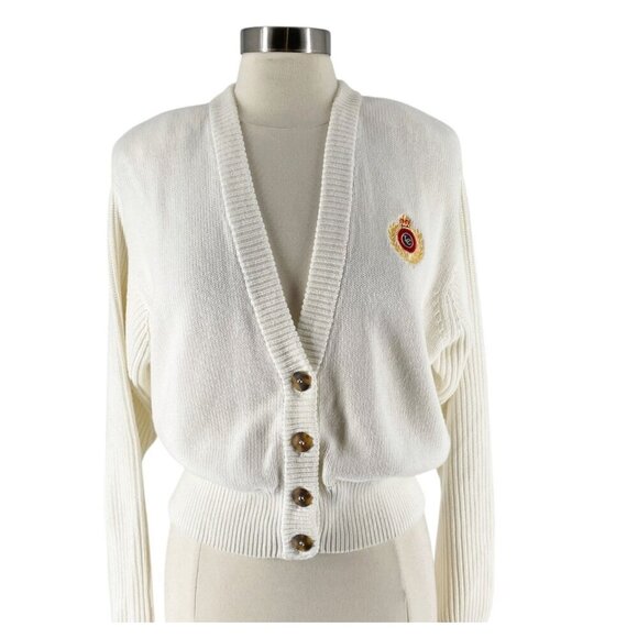 Vintage 80's V-Neck Cardigan Sweater Embroidered Bullion Crest Cotton Petite M - Picture 1 of 8